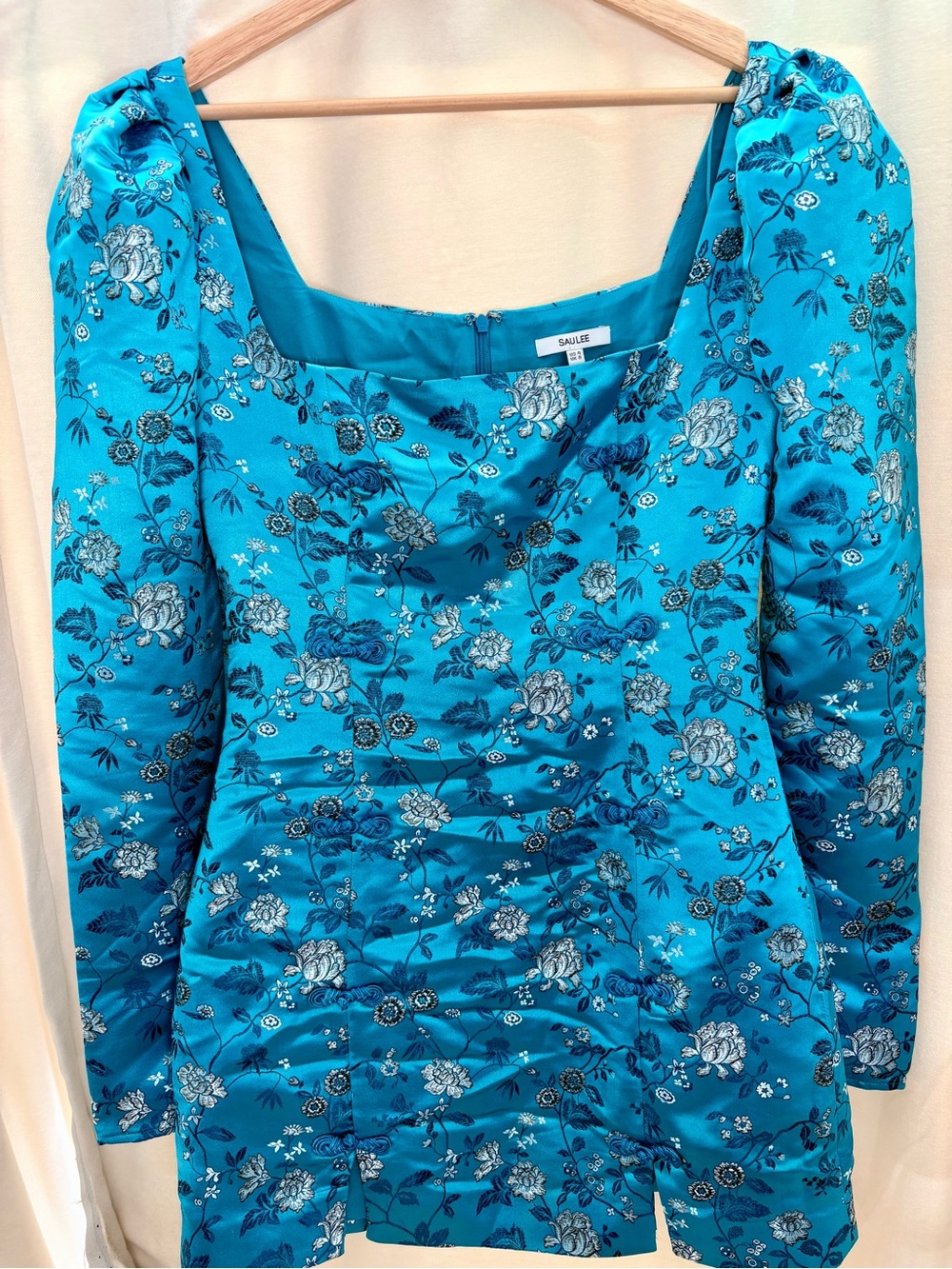 Sau Lee Turquoise Floral Square-Neck Mini Dress with Puff Sleeves